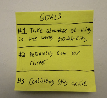 Dylan’s original handwritten post-it listing three goals for moving to New York City.